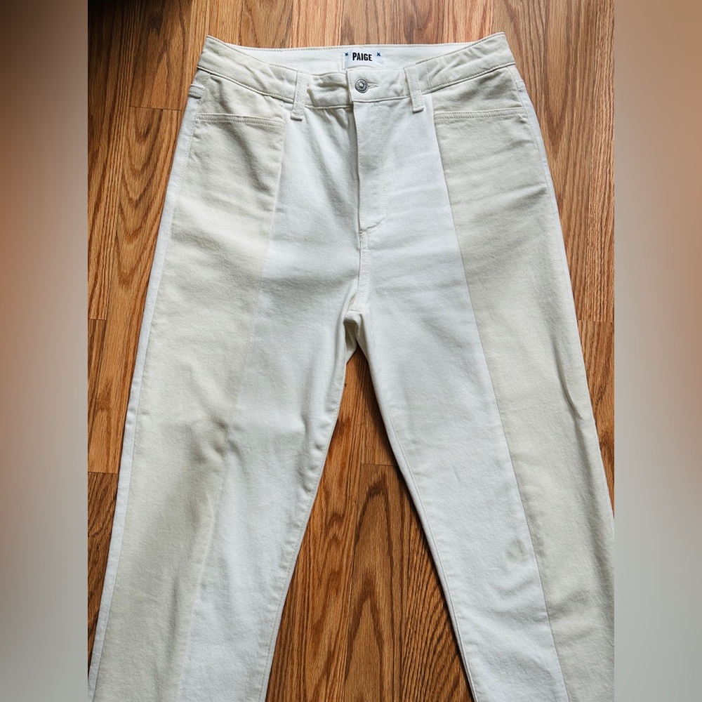 PAIGE Ecru Sunrise Stella Jean 2-panel 30 Fray Raw Hem Split Crop Straight Denim - Picture 15 of 16